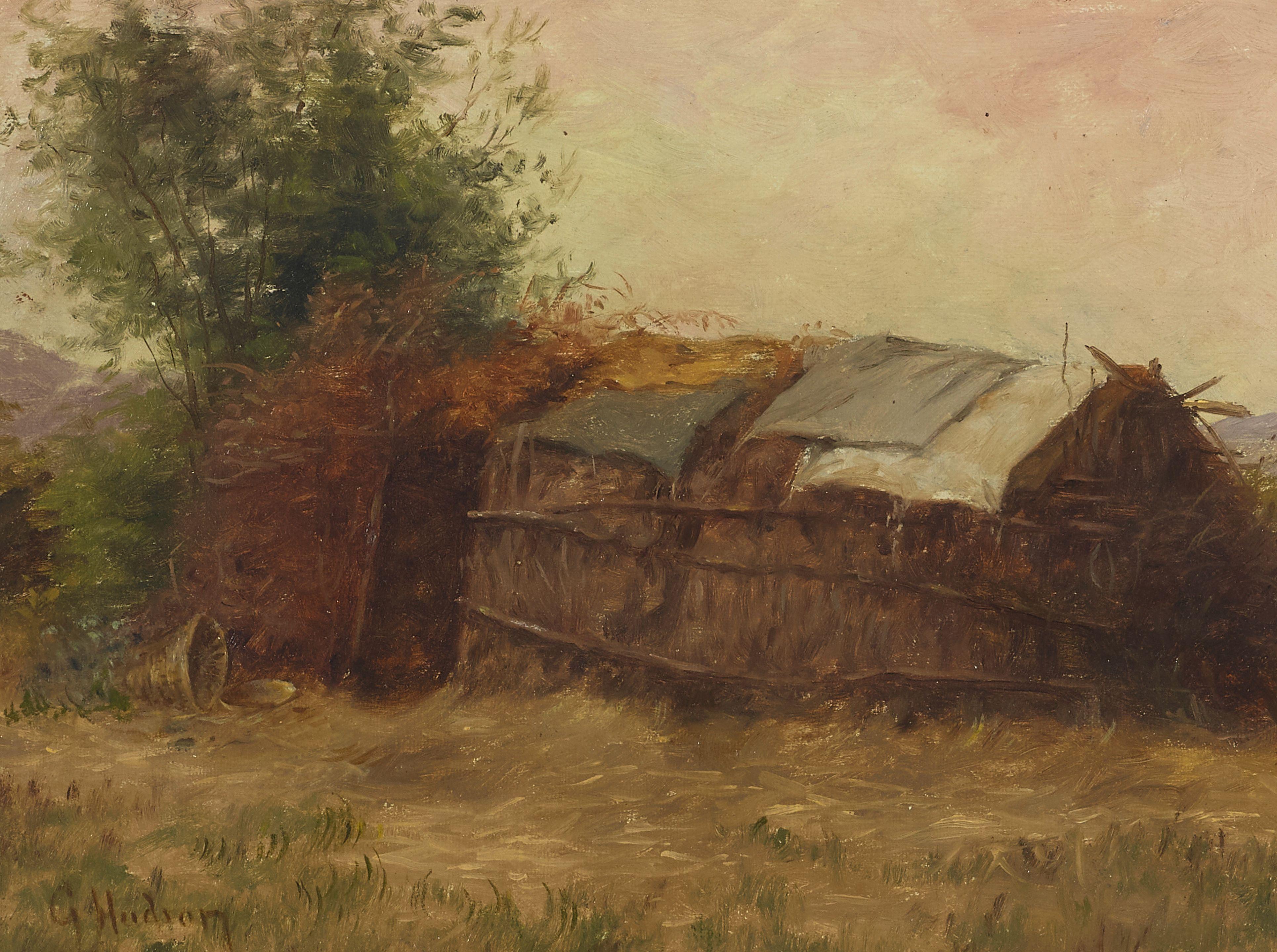 Grace Carpenter Hudson - Indian Dwelling with Basket 9 x 11 1/2 in. framed 13 1/2 x 16 1/2 in.