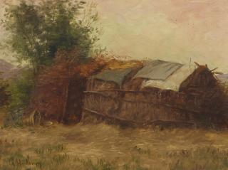 Grace Carpenter Hudson - Indian Dwelling with Basket 9 x 11 1/2 in. framed 13 1/2 x 16 1/2 in.