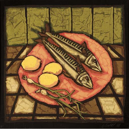 Graham Knuttel - Still life with fish, lemons and spring onions