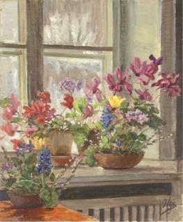 Grand Duchess Olga Aleksandrovna - Cyclamen and hyacinths on a window sill