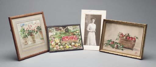 Grand Duchess Olga Aleksandrovna - Three Flowerpots on a Windowsill; Still Life of Apples in a Basket; Box of Apples among Windfalls; together with a signed photograph dated 1910 and related material
