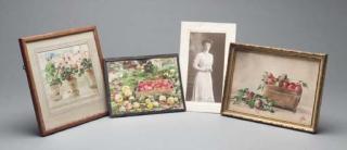 Grand Duchess Olga Aleksandrovna - Three Flowerpots on a Windowsill; Still Life of Apples in a Basket; Box of Apples among Windfalls; together with a signed photograph dated 1910 and related material