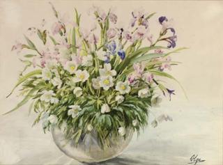 Grand Duchess Olga Alexandrovna - Irises and other blooms in a glass vase