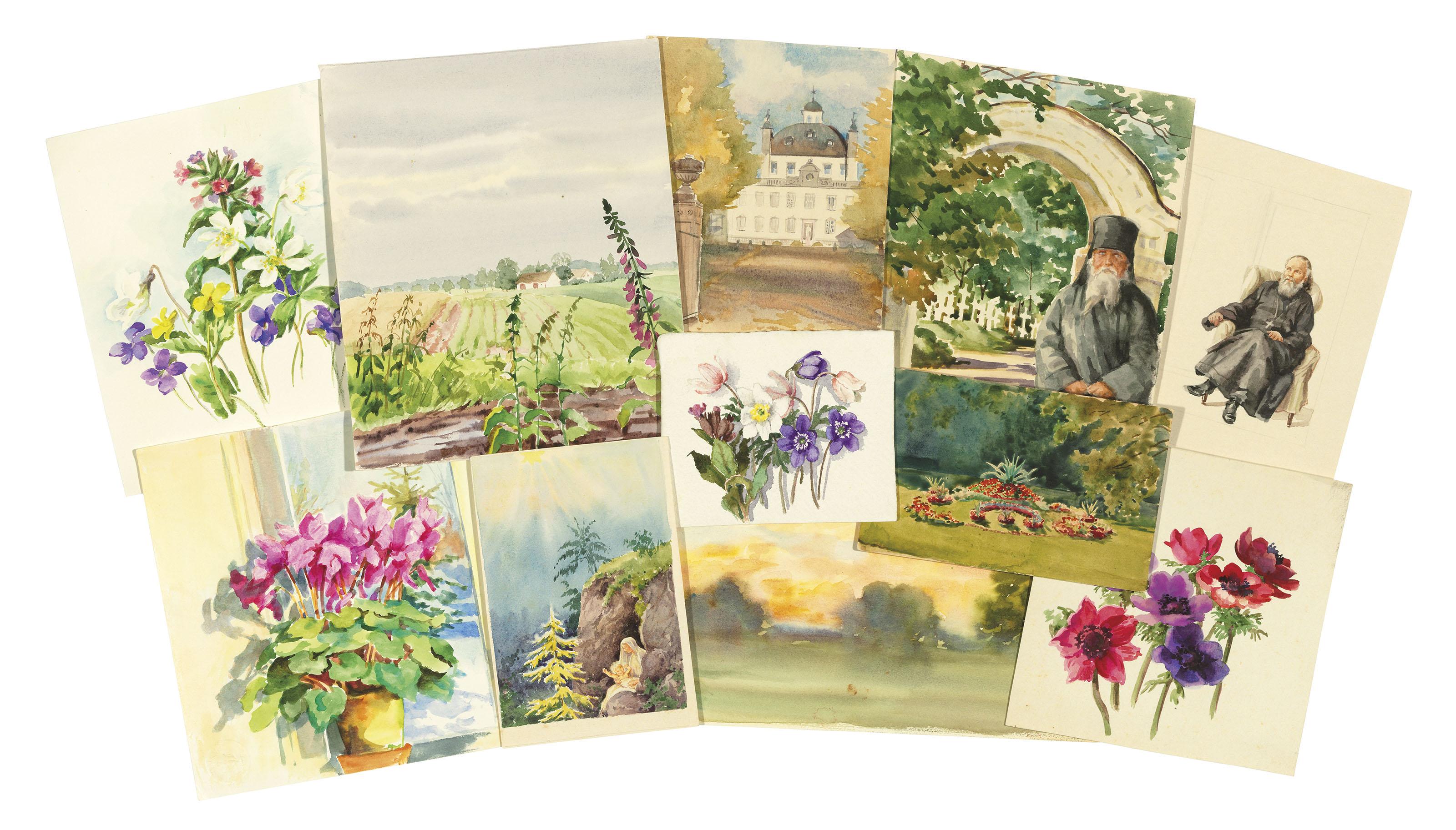 Grand Duchess Olga - Five floral studies; Three landscapes; Two studies of a priest; and Madonna and Child