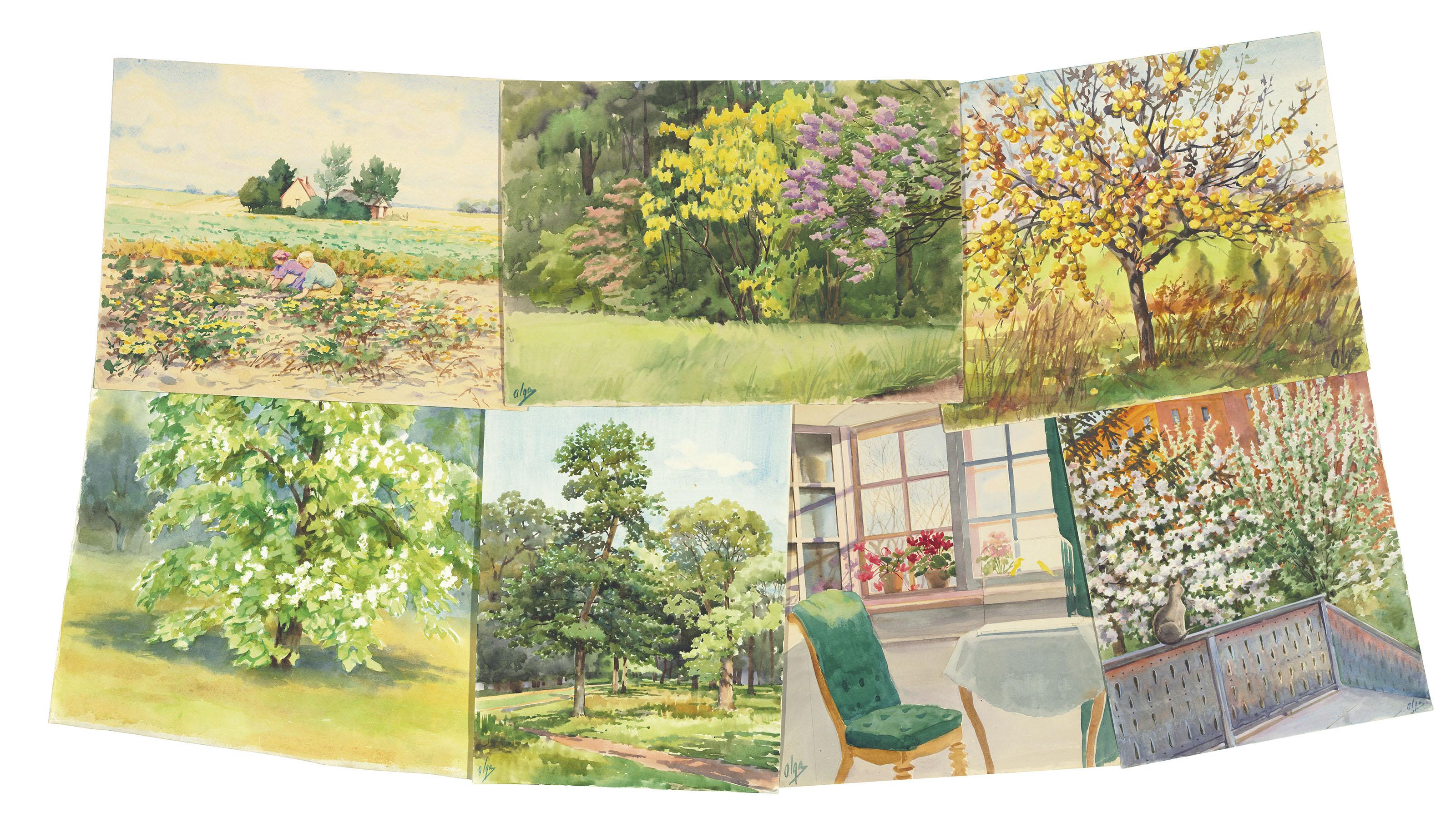 Grand Duchess Olga - Five nature studies; Two gardeners in a field; and An interior with flowers