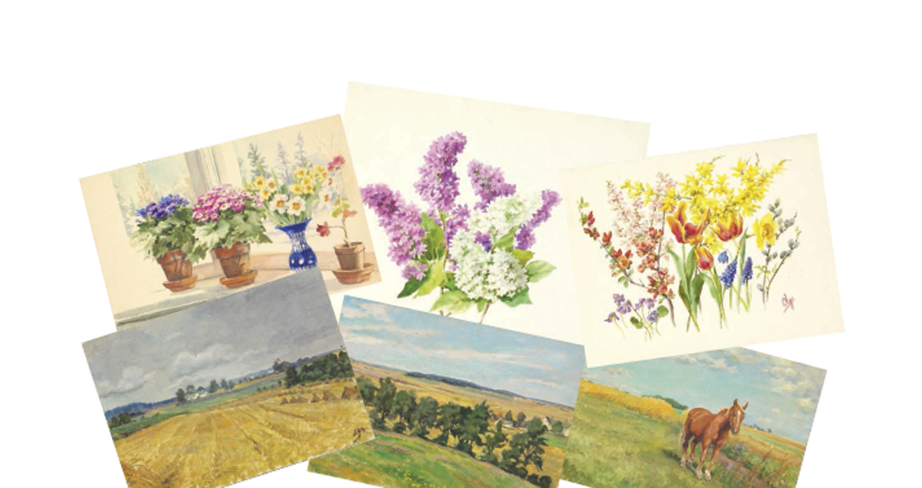 Grand Duchess Olga - Flowers on a window sill; Two floral studies; and Three summer landscapes