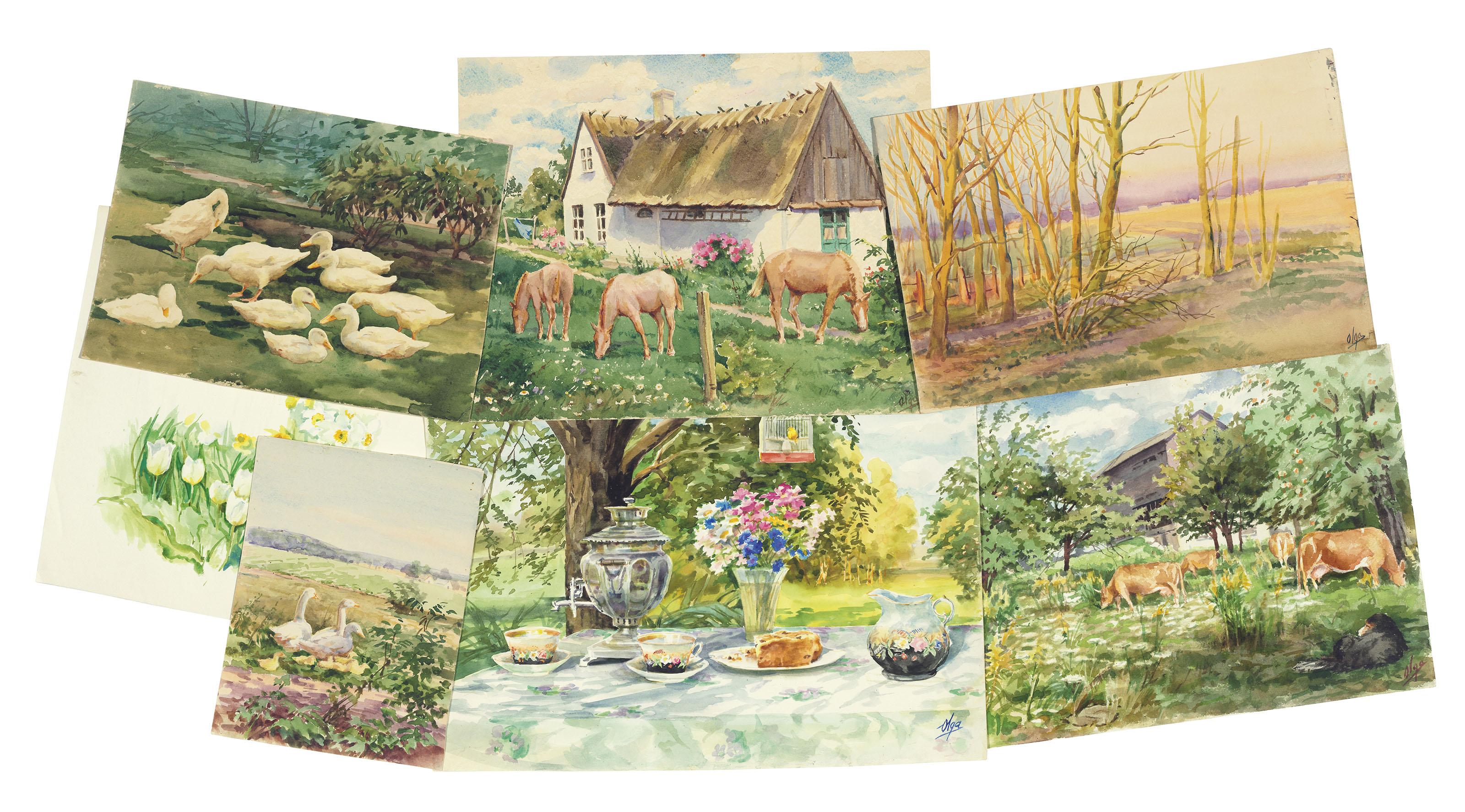 Grand Duchess Olga - Four farmyard scenes; A floral study; An autumnal landscape; and Tea table with samovar and afternoon tea