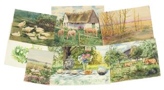 Grand Duchess Olga - Four farmyard scenes; A floral study; An autumnal landscape; and Tea table with samovar and afternoon tea