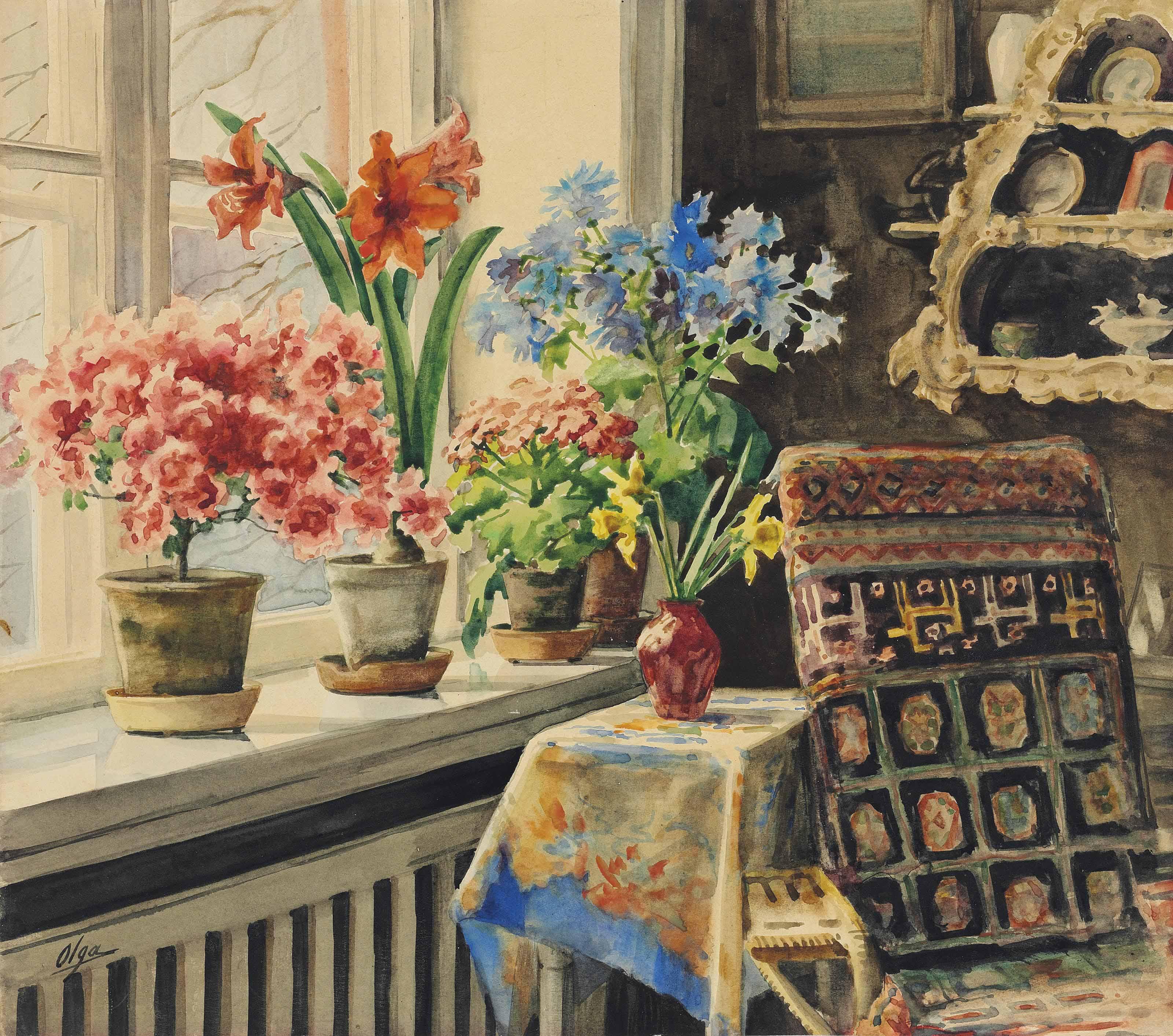 Grand Duchess Olga - Still Life With Azaleas, Amaryllis, Geraniums, Cornflowers And Daffodils