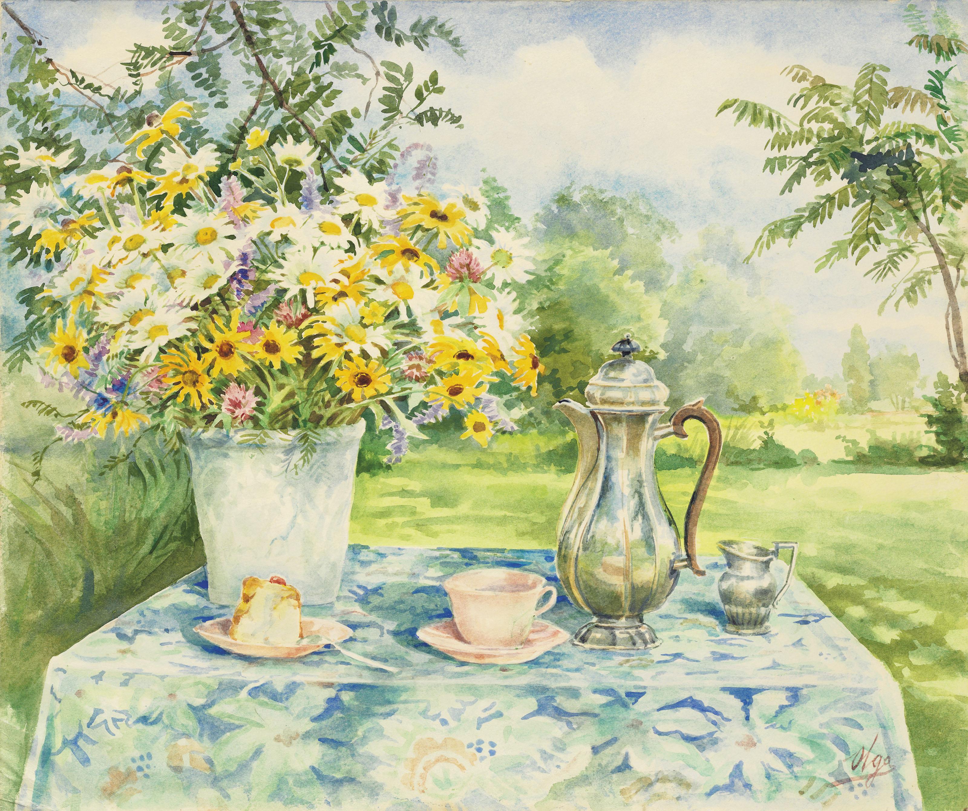Grand Duchess Olga - Still life with coffee pot and summer flowers