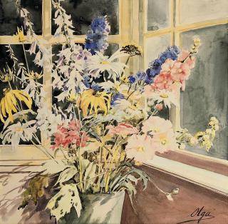 Grand Duchess Olga - Still life with daisies, delphiniums and penstemons