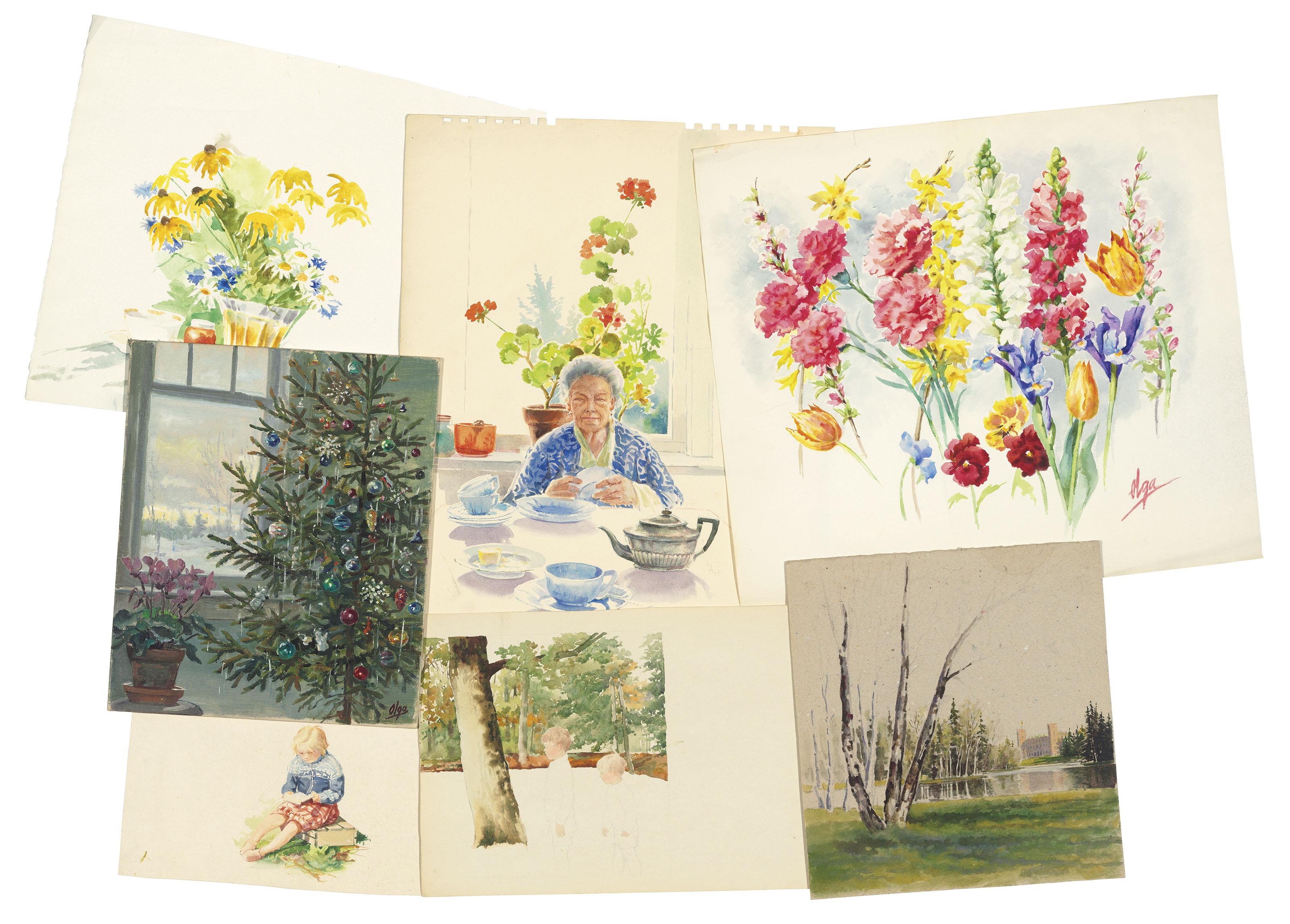 Grand Duchess Olga - Study of Guri and Tikhon; Study of a girl; Study of an elder; Christmas tree; Two floral studies and View of a castle