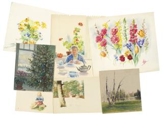 Grand Duchess Olga - Study of Guri and Tikhon; Study of a girl; Study of an elder; Christmas tree; Two floral studies and View of a castle