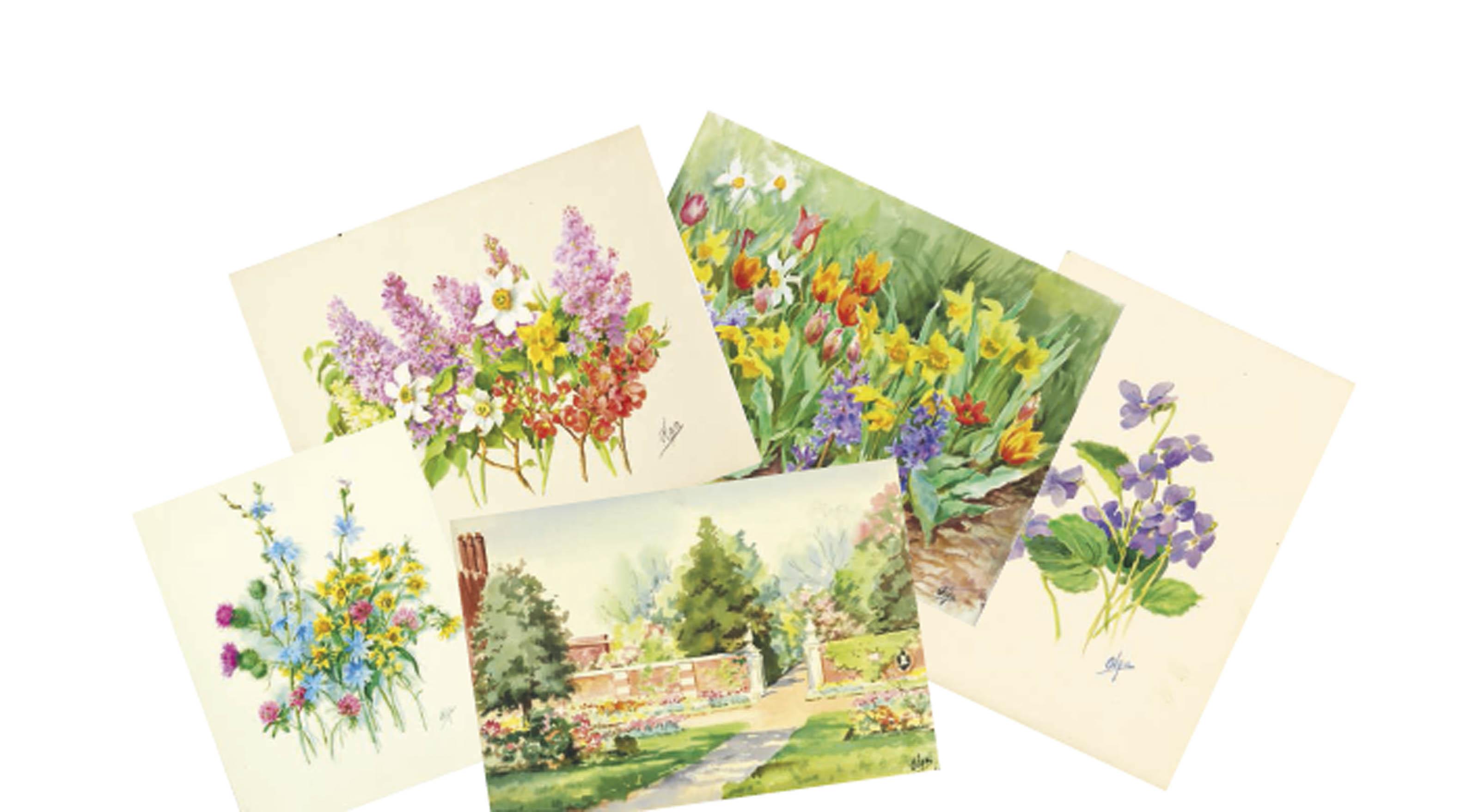 Grand Duchess Olga - Two garden scenes; and Three floral studies