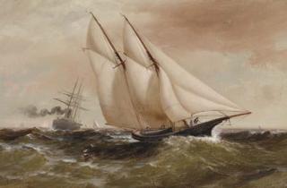 Granville Perkins - A schooner yacht in rough seas with other shipping in the distance