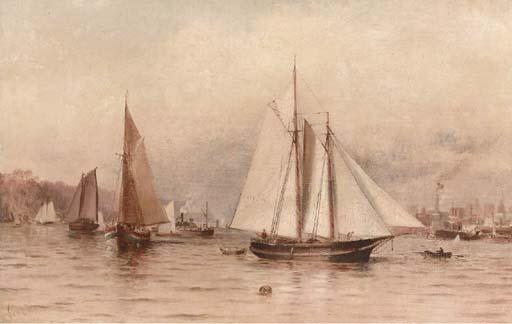 Granville Perkins - Fishing boats and other shipping on the Hudson with a view of the New York and the bluffs