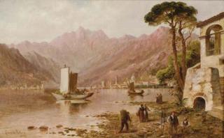 Granville Perkins - View of Lake Como with figures on the shore