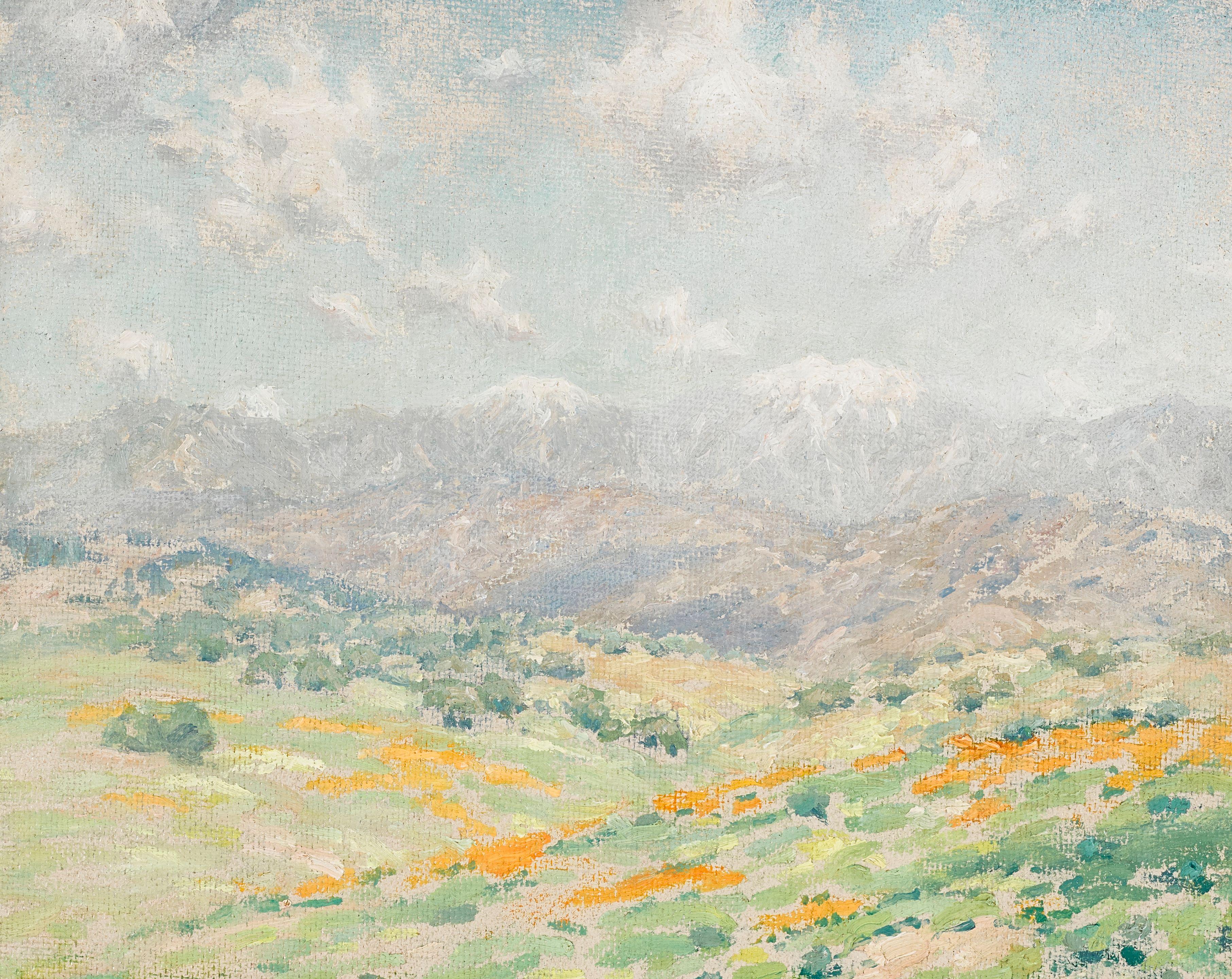 Granville Redmond - A Field of Poppies with Snowcapped Mountains in the Distance