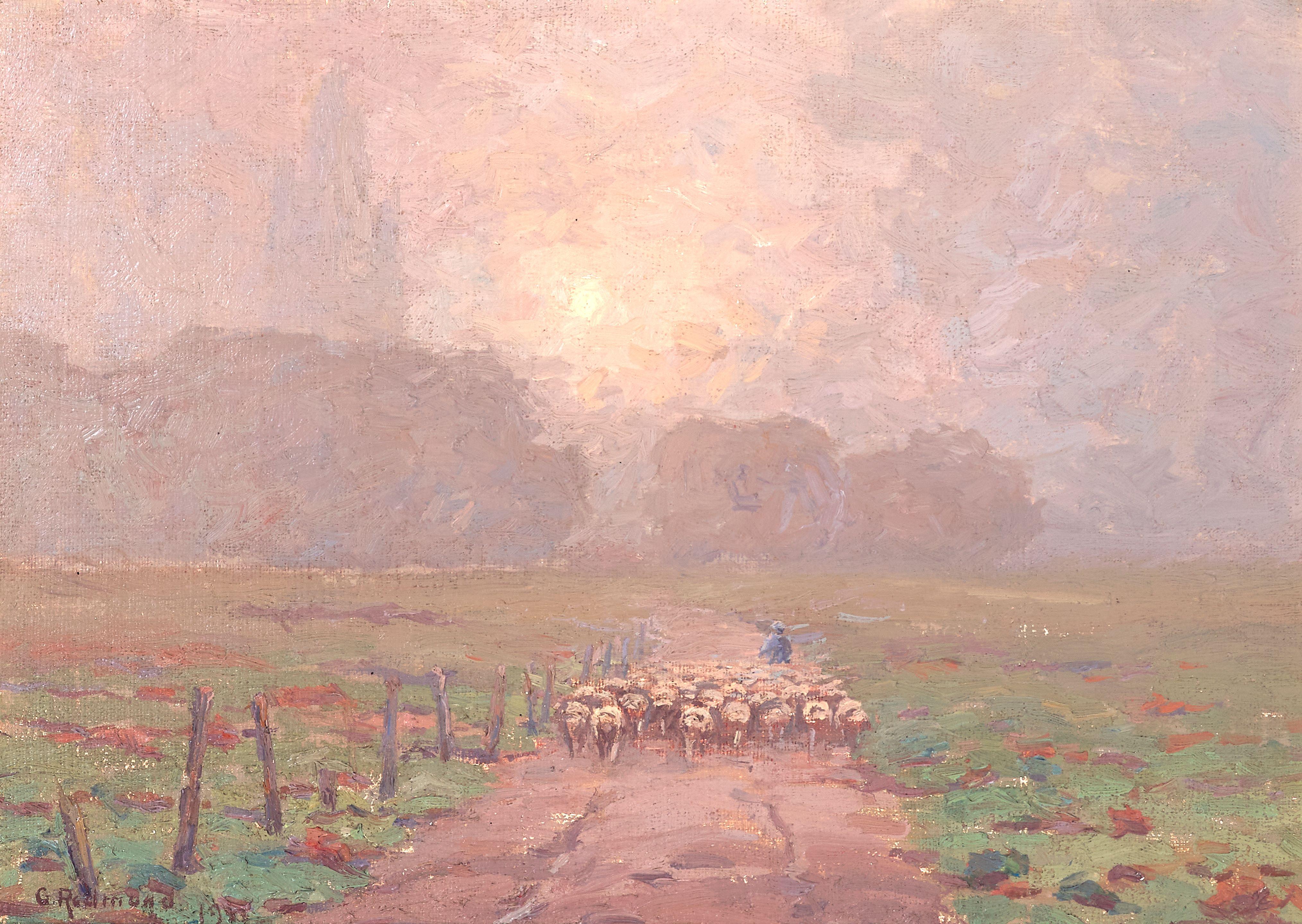 Granville Redmond - Shepherd Herding Sheep in a Misty Landscape 10 x 14 in. framed 15 1/2 x 19 3/4 in.