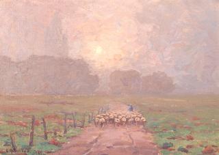 Granville Redmond - Shepherd Herding Sheep in a Misty Landscape 10 x 14 in. framed 15 1/2 x 19 3/4 in.