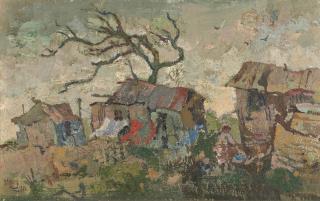 Gregoire Johannes Boonzaier - Pondokkies and Windswept Tree (framed)