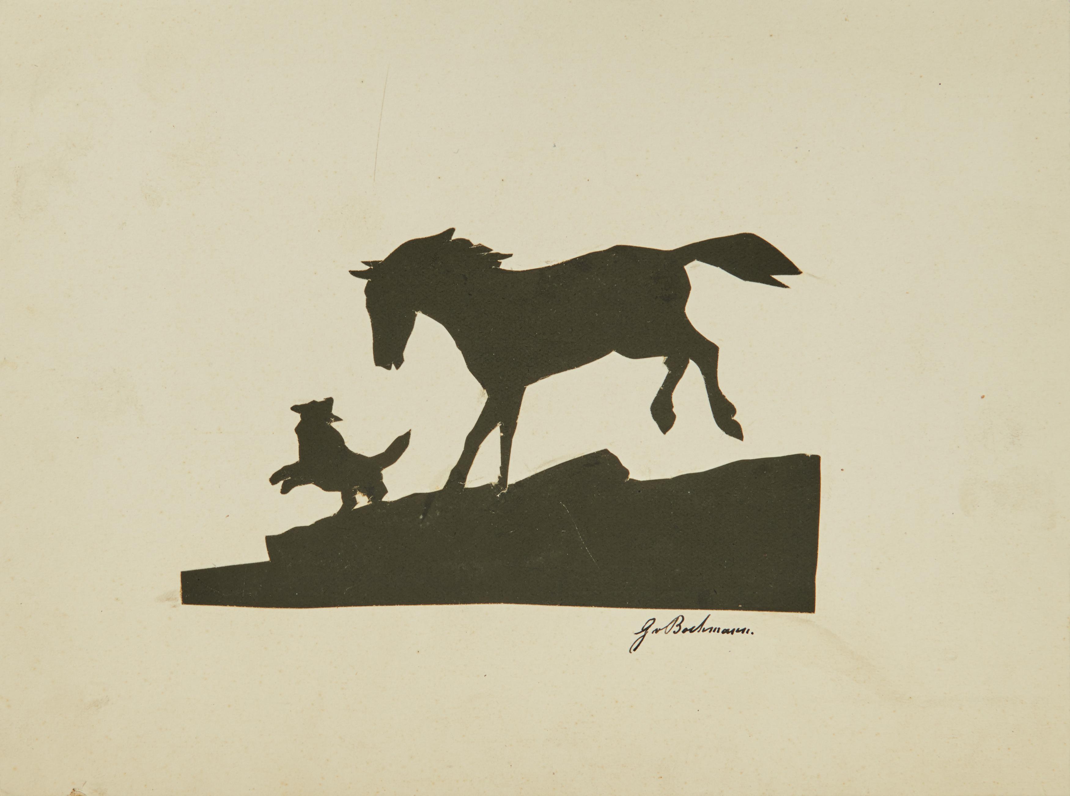 Gregor von Bochmann - Scherenschnitt mit tollendem Fohlen und Hund.