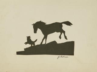 Gregor von Bochmann - Scherenschnitt mit tollendem Fohlen und Hund.