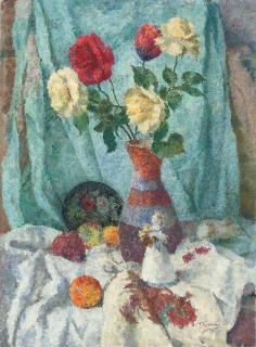 Gregory Tseitlin - White and red roses in a vase with fruits and a doll on a draped table
