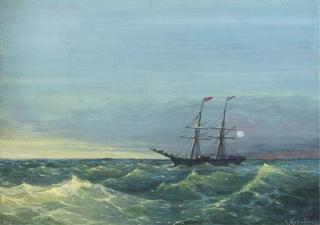 Grigorij Kapustin - A Russian Merchant Brig In Rough Seas