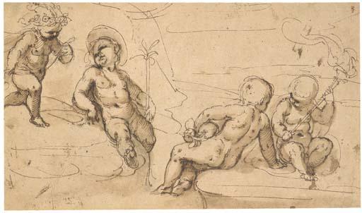 Guglielmo Caccia - Four putti holding attributes in a landscape