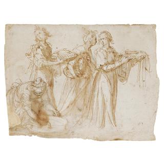 Guglielmo Caccia - Studies Of Four Women Carrying Vessels At The Scene Of A Birth