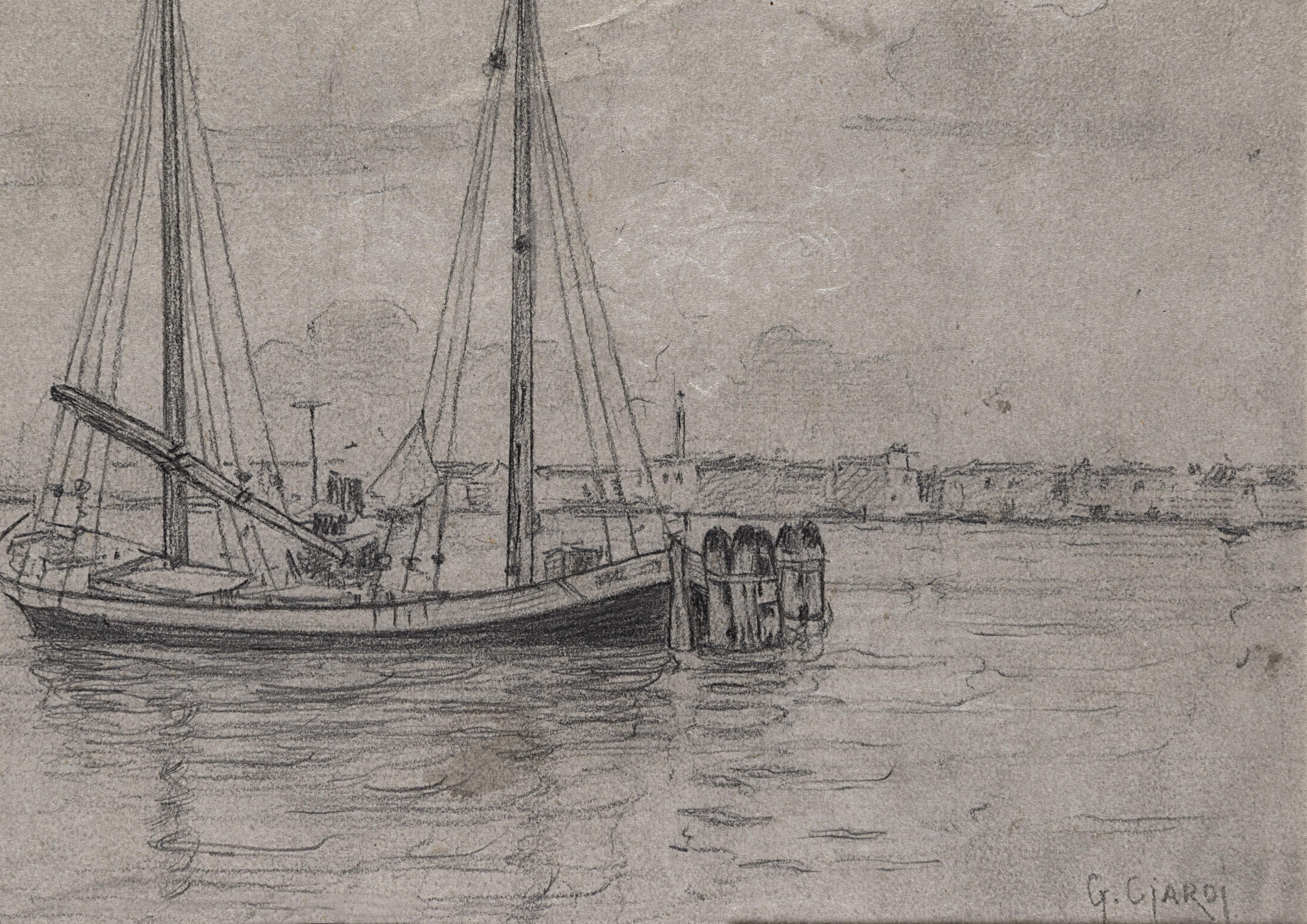 Guglielmo Ciardi - Barche di pescatori con Chioggia sullo sfondo