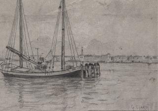 Guglielmo Ciardi - Barche di pescatori con Chioggia sullo sfondo