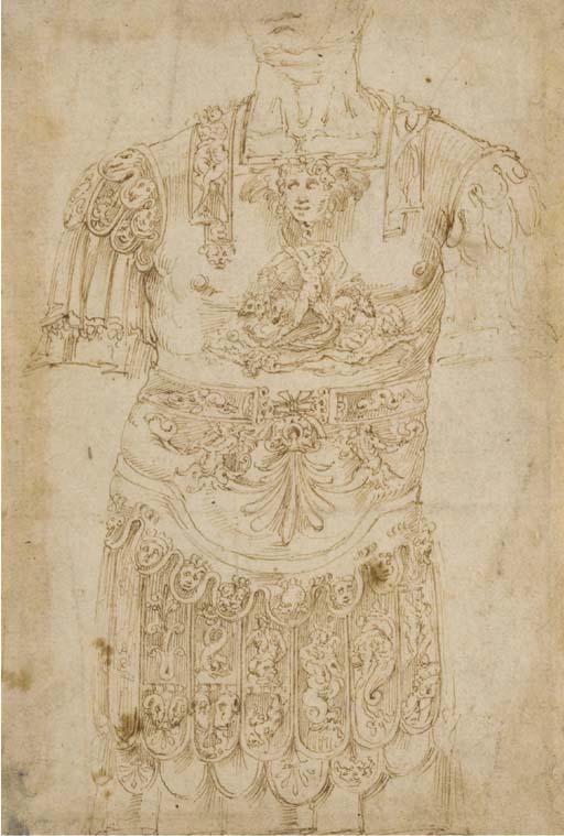 Guglielmo Della Porta - A classical armour decorated with amorous couples and Neptune with hippocampi