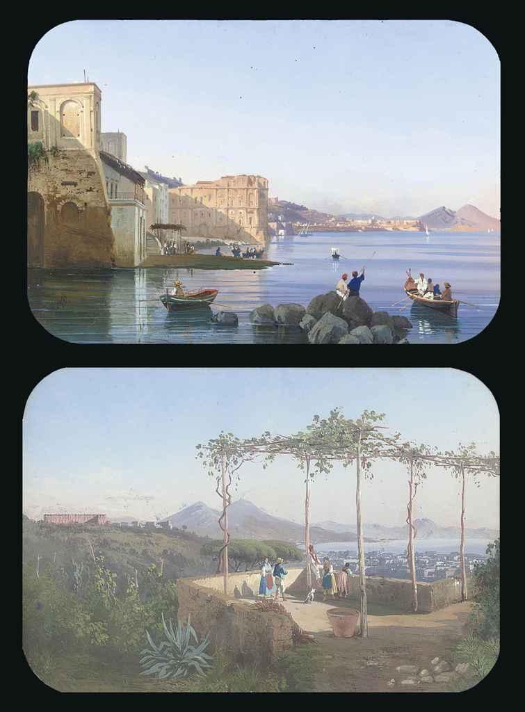 Guglielmo Giusti - Fishermen before the Palazzo Donn\'Anna, Posillipo; and Figures on a balcony before Naples, the Palazzo Capodimonte beyond