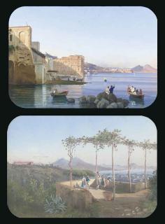 Guglielmo Giusti - Fishermen before the Palazzo Donn\'Anna, Posillipo; and Figures on a balcony before Naples, the Palazzo Capodimonte beyond