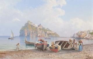 Guglielmo Giusti - Veduta Costiera Con Barche A Riva