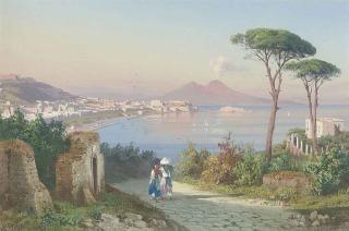 Guglielmo Giusti - Washerwomen on a track above the Bay of Naples, Vesuvius beyond