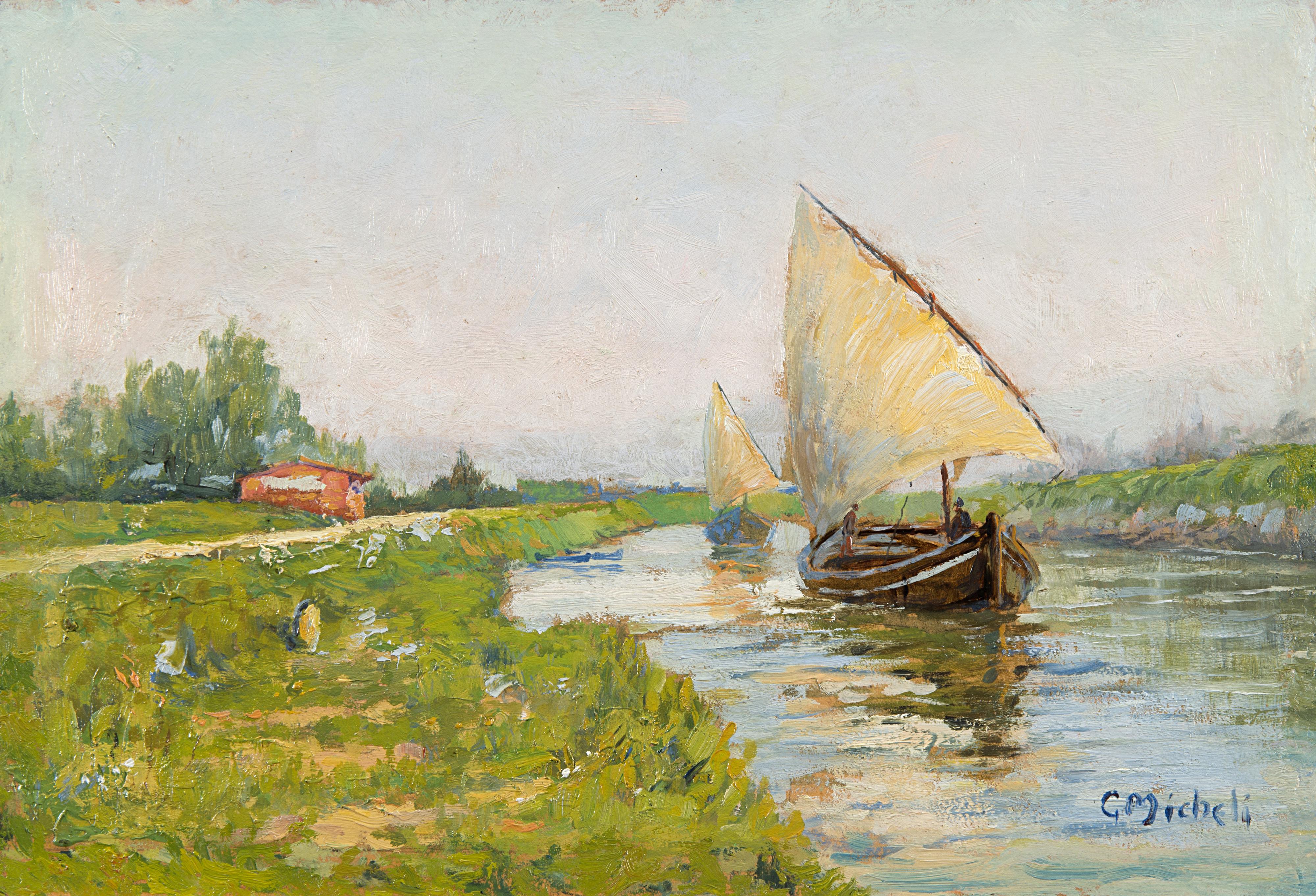 Guglielmo Micheli - Barconi lungo il canale