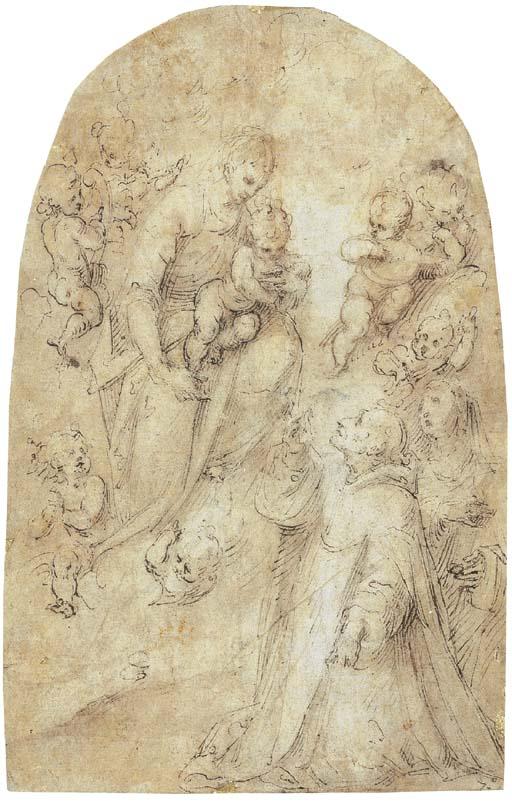 Gugliemo Caccia - La Vierge à l\'Enfant avec des anges musiciens apparaissant à un Saint et une Sainte agenouillés