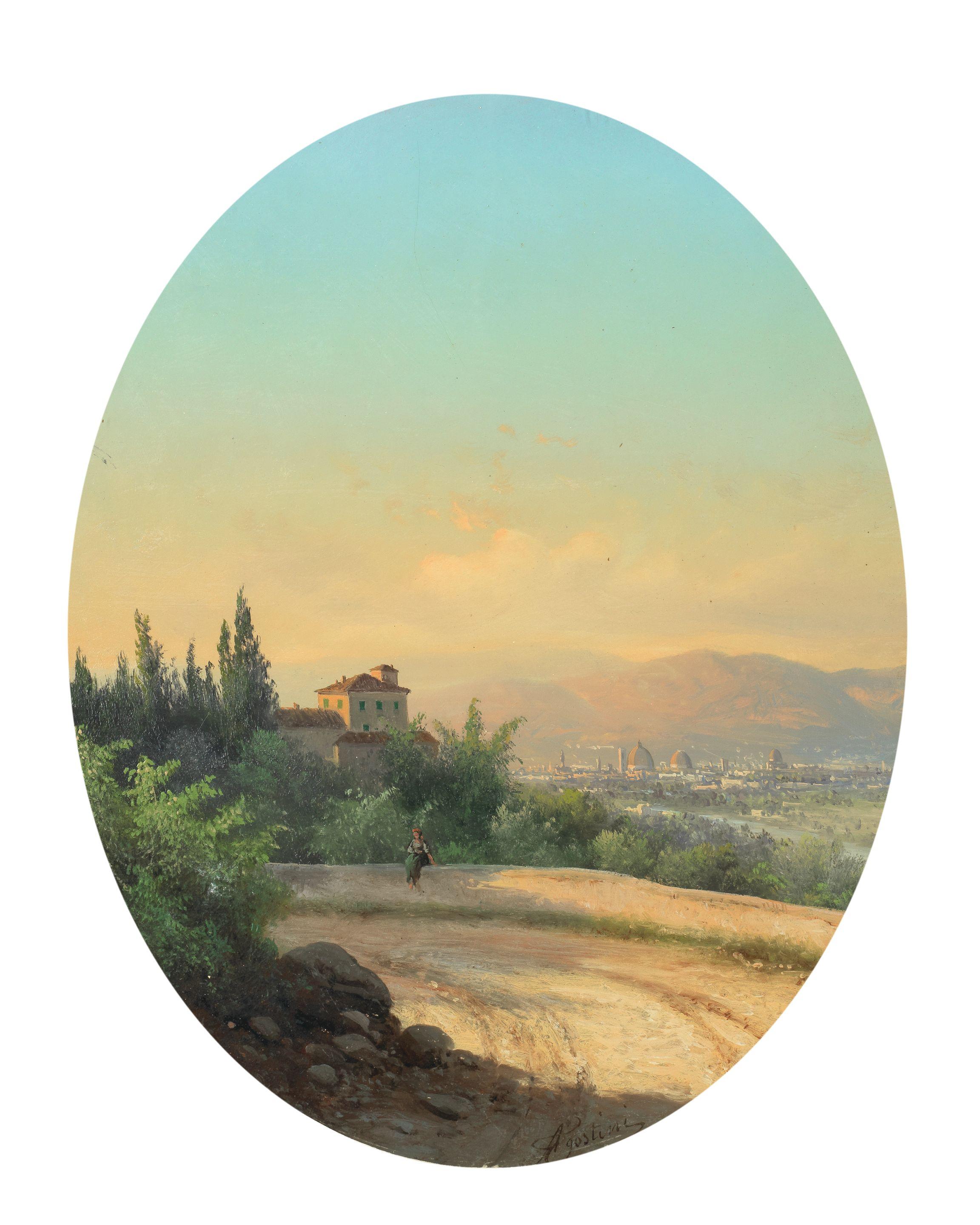 Guido Agostini - \'Roma - Rive Del Tevere\'; \'Firenze Da Villa Magna\', A Pair Each 22.3 X 26.7Cm (8 3/4 X 10 1/2In).(2) Oval