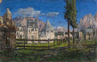 Guido Cinotti - Notturno. Veduta fantastica di Cortina d\'Ampezzo con le tre cime di Lavaredo