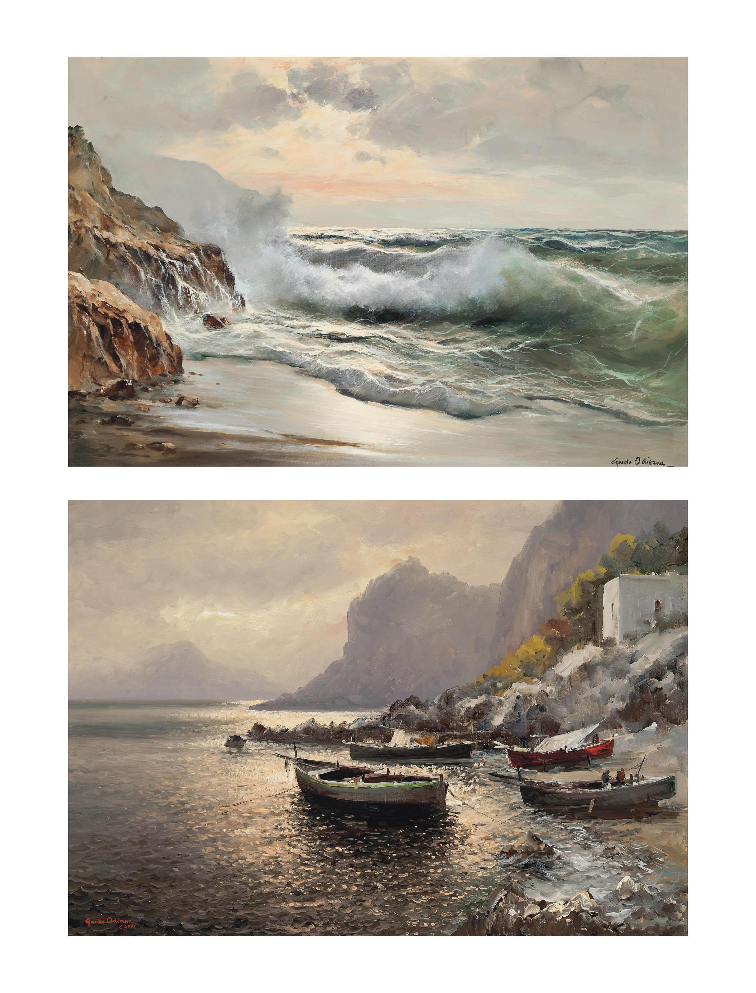 Guido Odierna - Breaking Waves On The Shore; And Fishing Boats Moored Near The Capri Shore