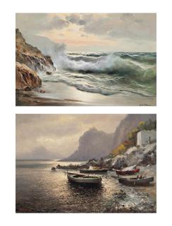 Guido Odierna - Breaking Waves On The Shore; And Fishing Boats Moored Near The Capri Shore