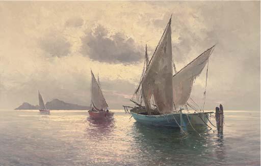 Guido Odierna - Fishing vessels off Capri at dusk; and Waves breaking on the rocks, Capri