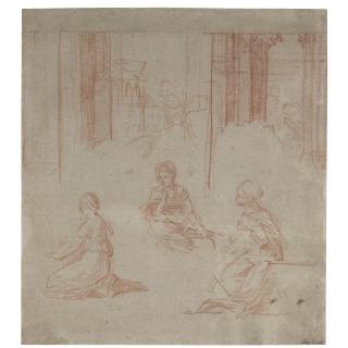 Guido Reni - Three Female Figures With Architecture And Landscape Behind