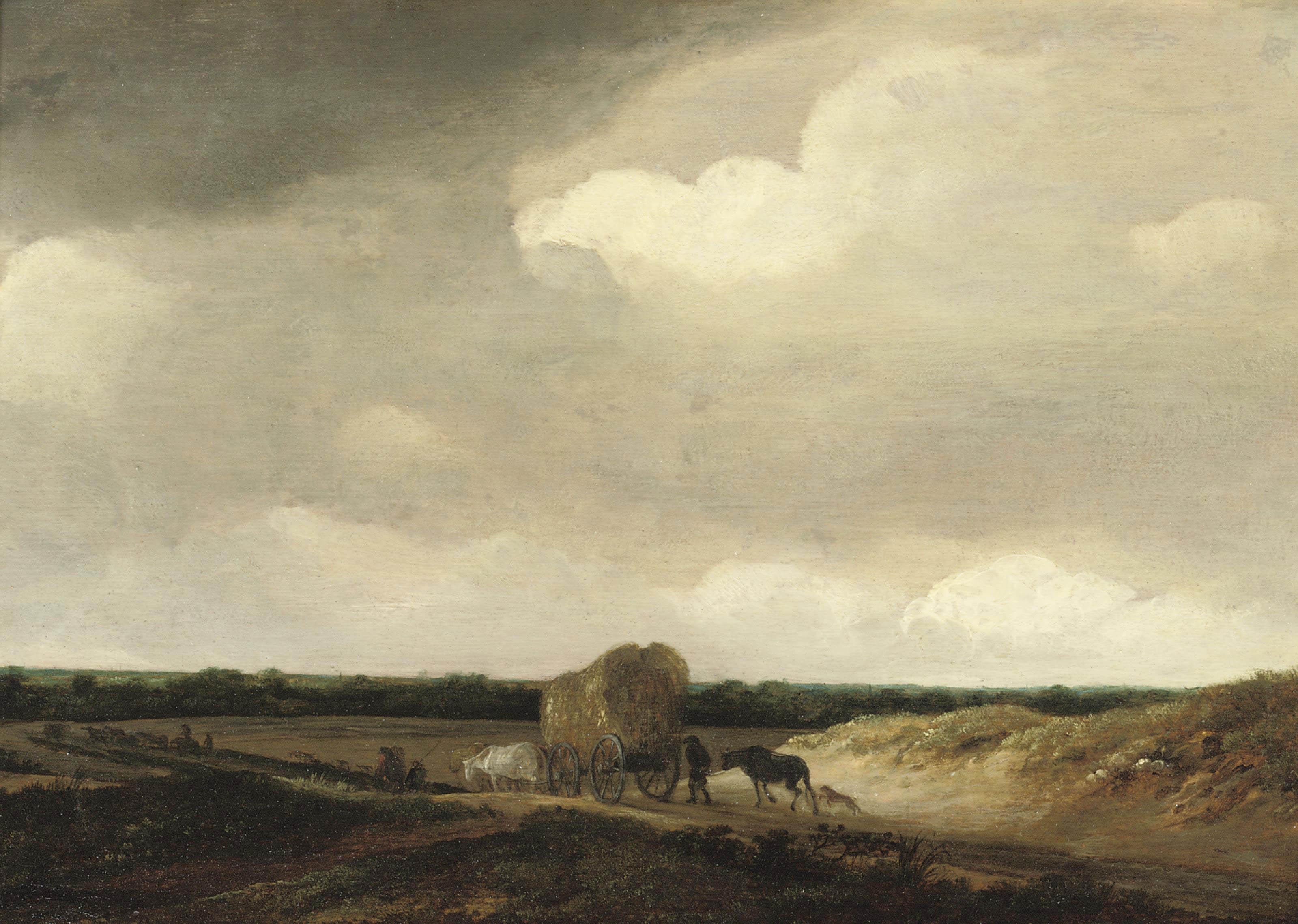Guillam Du Bois - A dune landscape with peasants, cattle and a cart of hay on a path