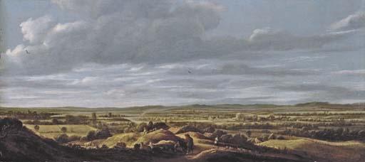 Guillam Dubois - An extensive landscape with huntsmen resting on a path, a town beyond