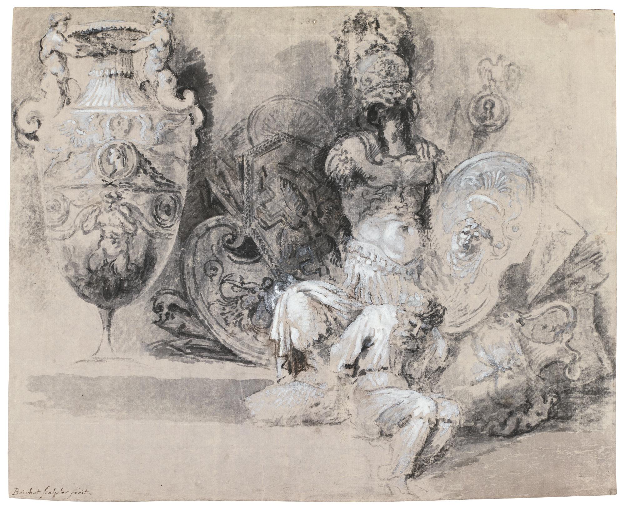 Guillaume Boichot - Study Of A Vase And Trophy, And A Chained Figure