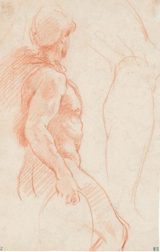 Guillaume Courtois - Etude d\'homme nu casqué, étude subsidiaire d\'une jambe (recto); Croquis (verso)